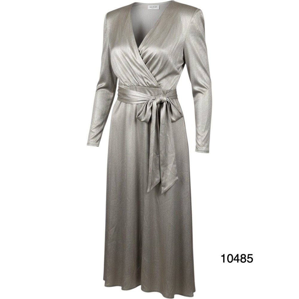 Vintage 80s Taurus II Maxi Dress Womens 14 Metallic Taupe Pleated Tie Front Wrap